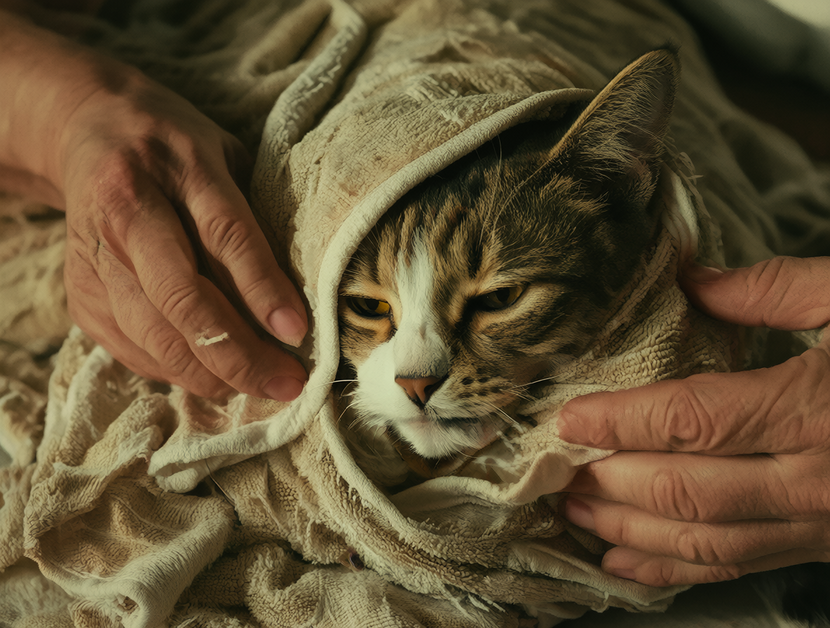 Close-up photo of a person wrapping a domestic short-haired cat in a soft, textured towel using the burrito technique.