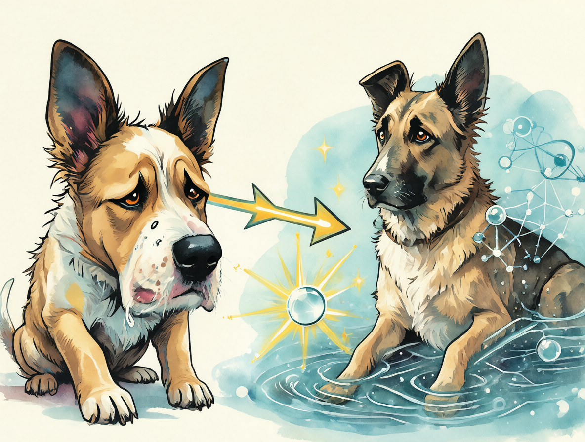 Ilustración mostrando un perro original y su clon conectado mediante una flecha brillante que representa la transferencia genética.