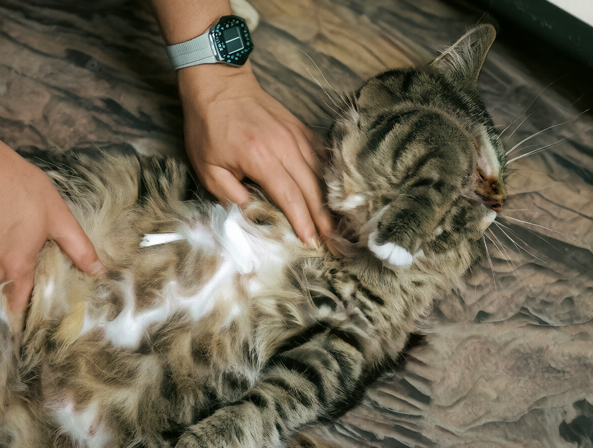 Foto de un gato siendo revisado por sus dueños tras una caída
