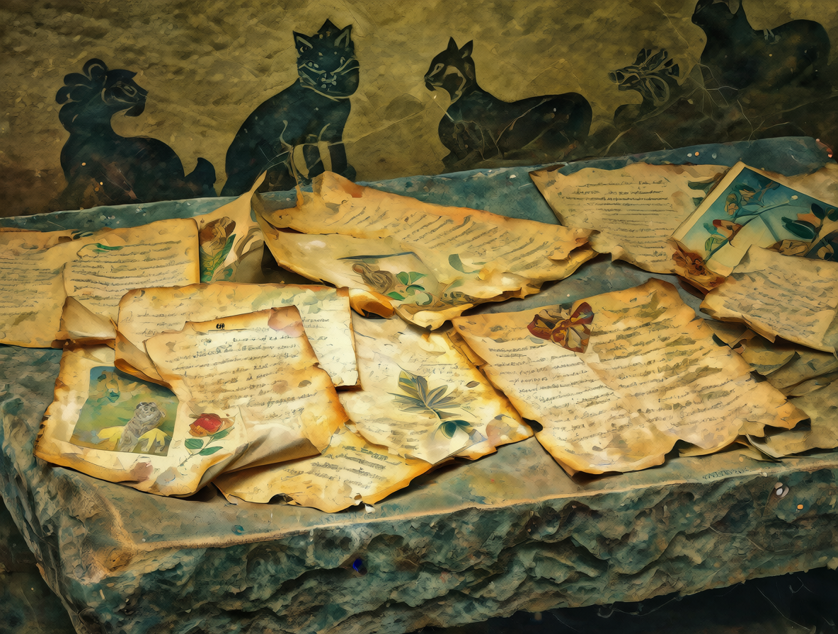 Varios pergaminos antiguos y manuscritos religiosos con siluetas de felinos en el fondo.