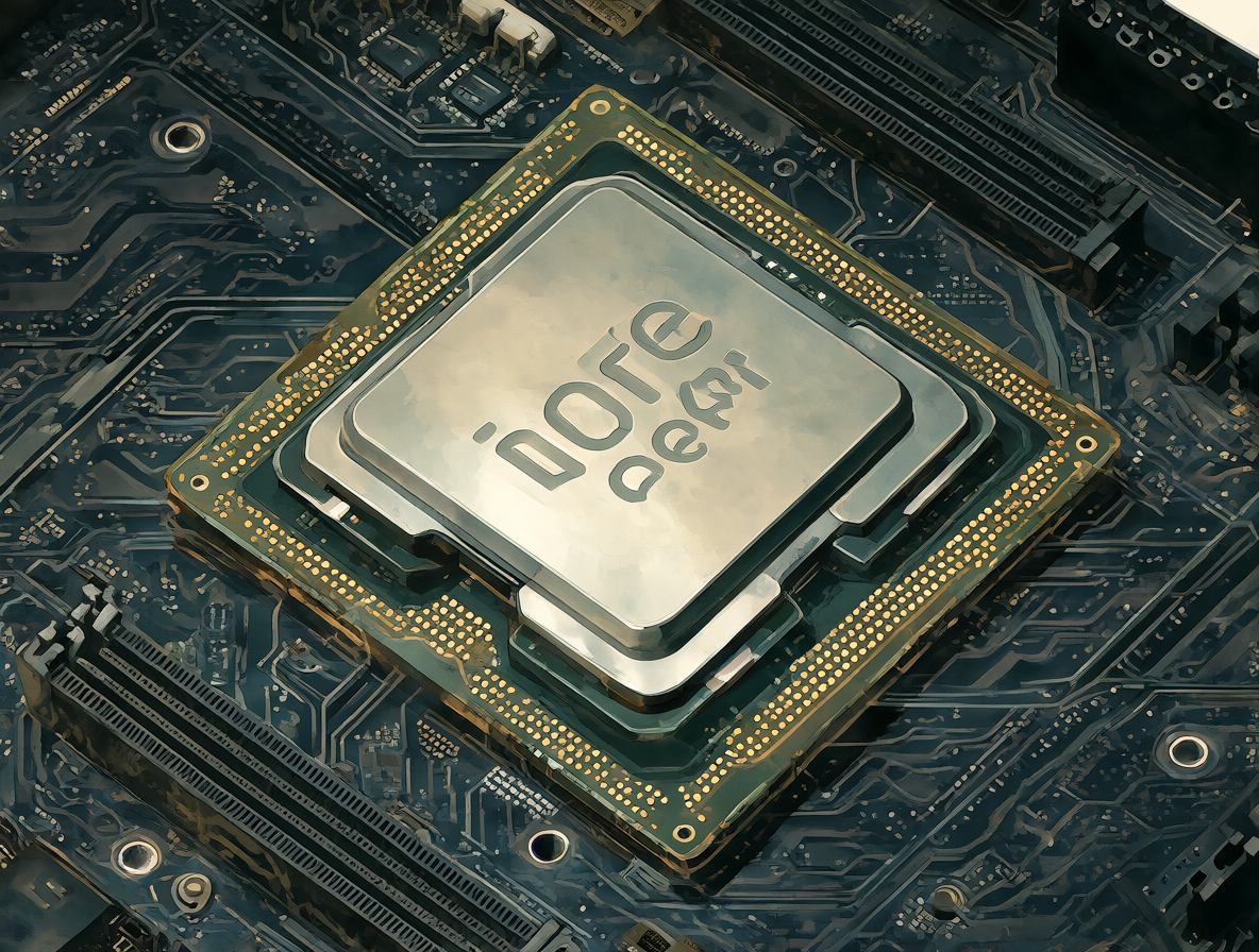 Detailed close-up illustration of a modern computer CPU, specifically an Intel Core i5-12600K, resting on a sleek motherboard.