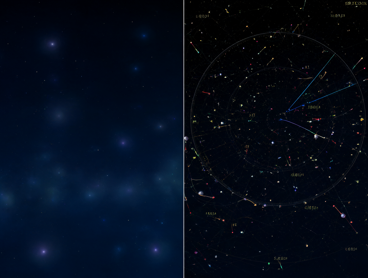 Diagrama visual que contrasta la posición aparente del cielo con un mapa estelar dinámico basado en datos de Gaia.