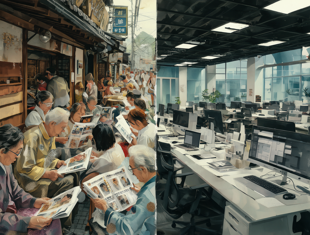 Imagen dividida mostrando la vida impresa en Japón frente al entorno digital occidental.