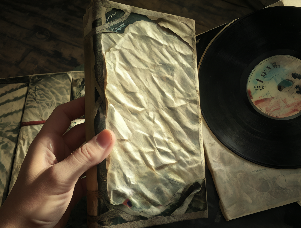Mano sosteniendo objetos físicos de alta calidad como libros y vinilos.