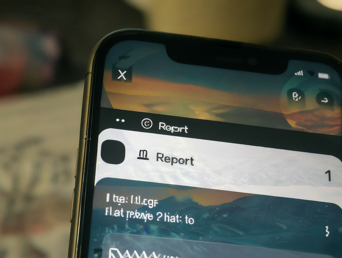 Pantalla de un teléfono móvil mostrando el menú de reporte dentro del perfil de una cuenta en la red social X, con la opción de denunciar por violencia visible.