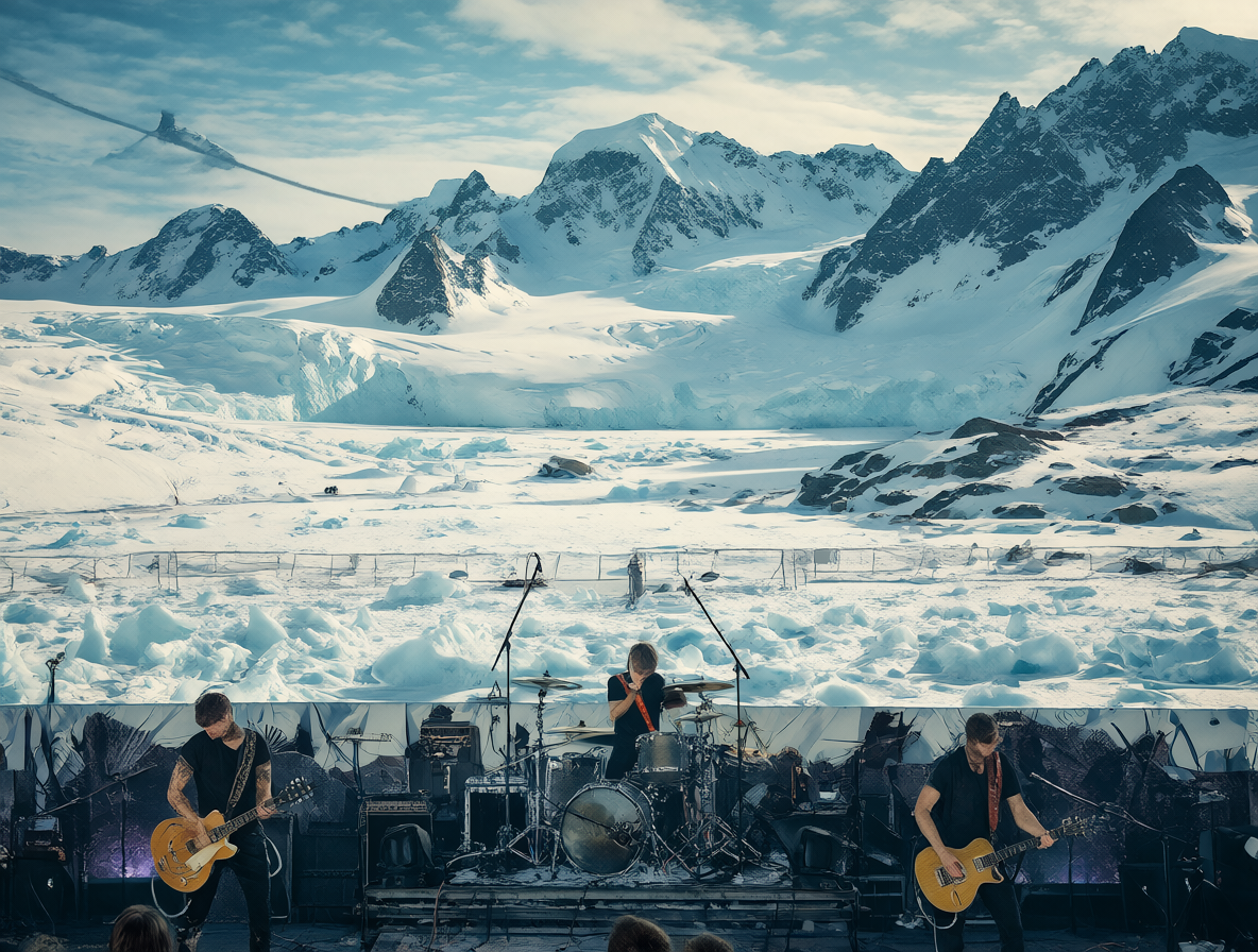 Banda tocando en un escenario al aire libre con el paisaje helado de la Antártida al fondo.
