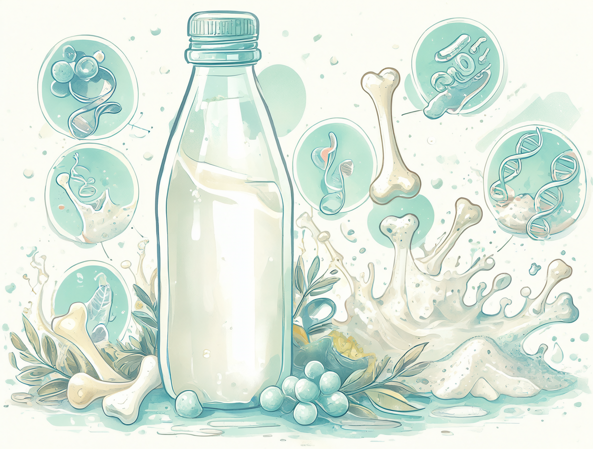 Botella de leche rodeada de iconos de calcio, proteínas y salud