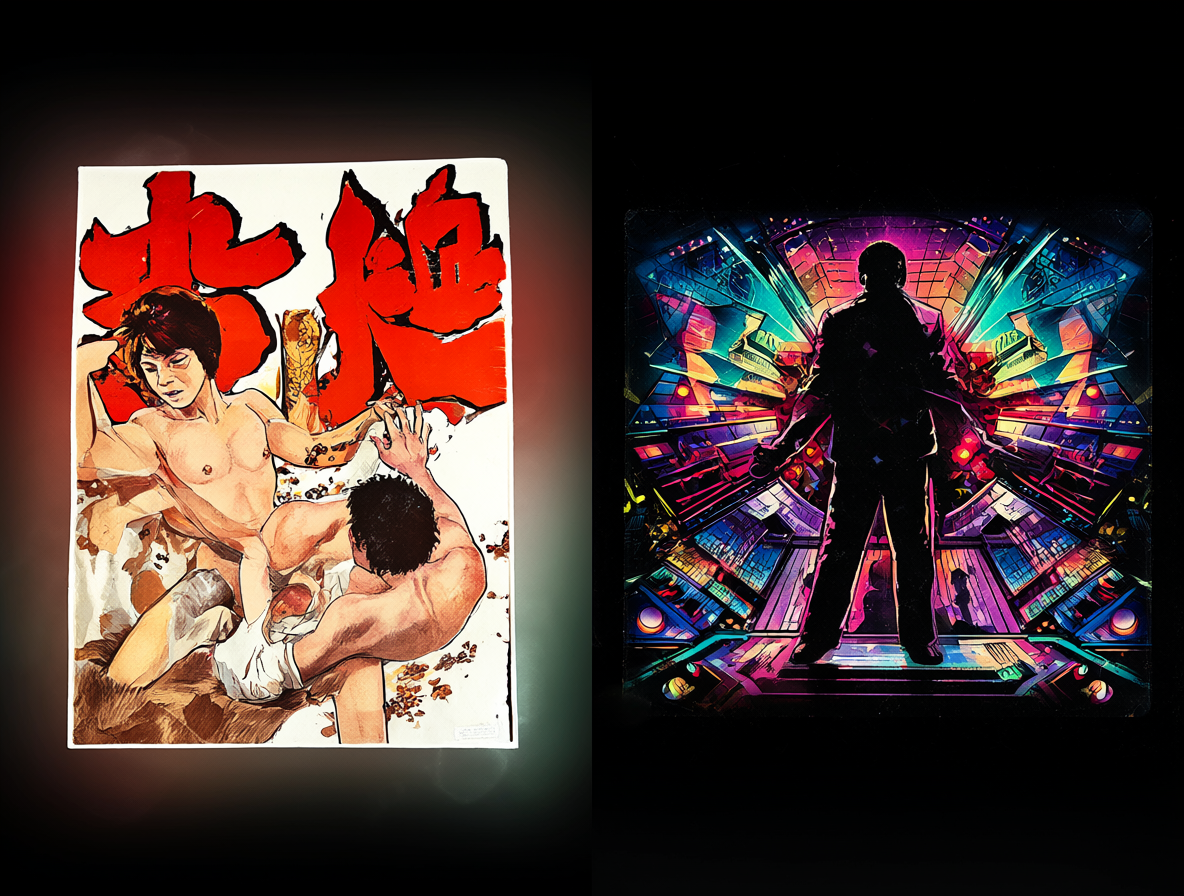 Ilustración dividida mostrando un cartel de película japonés de los 70 y una portada de disco de los 80.