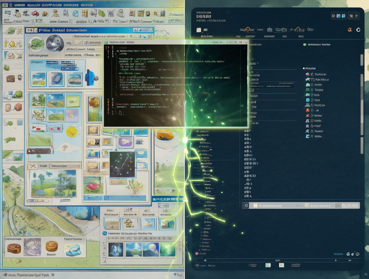 Ilustración dividida mostrando el Panel de Control antiguo a la izquierda y la app de Configuración moderna a la derecha, con una ventana de PowerShell en el medio.