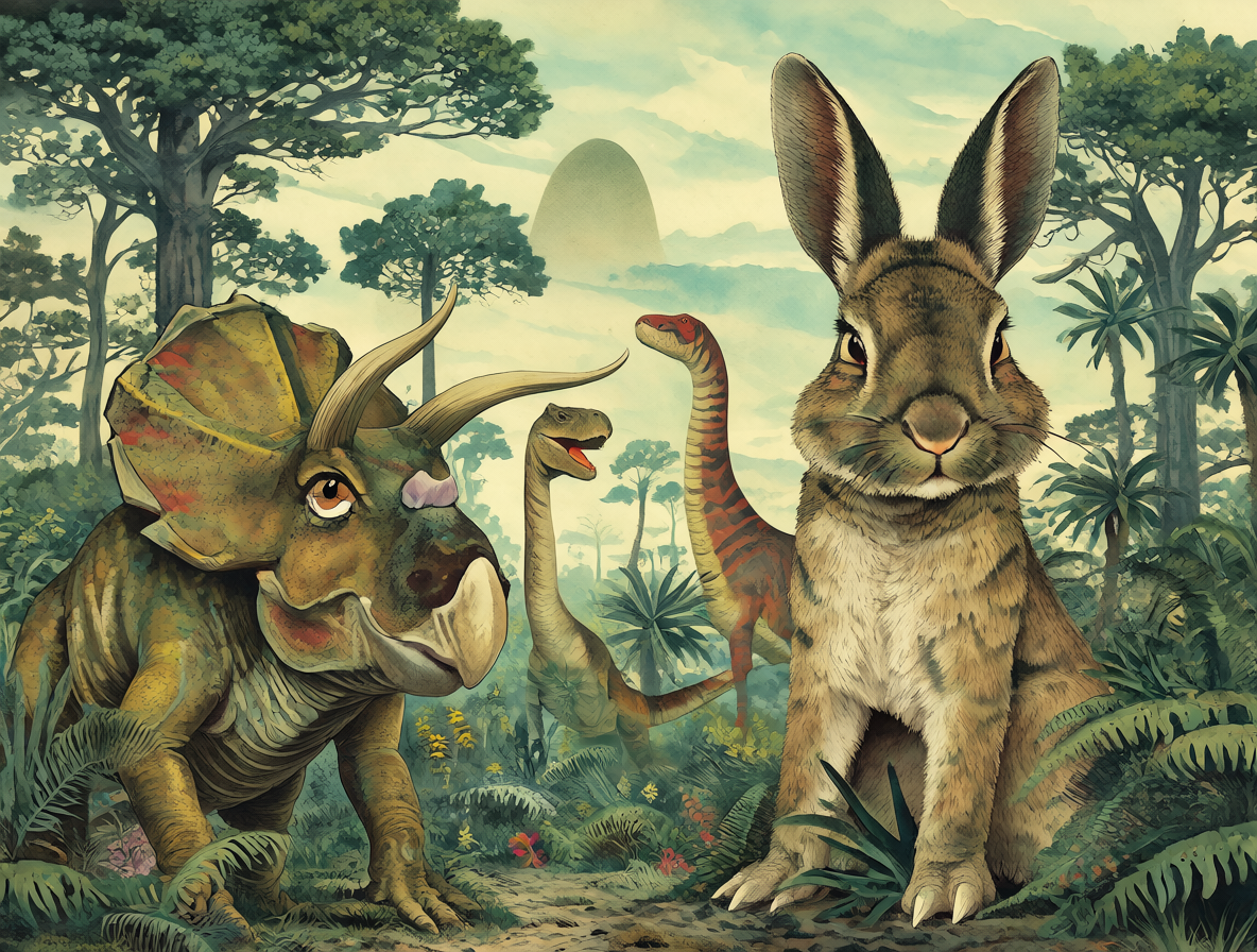 Un conejo moderno rodeado de dinosaurios en un paisaje prehistórico, representando la metáfora científica de los conejos en el cretácico.