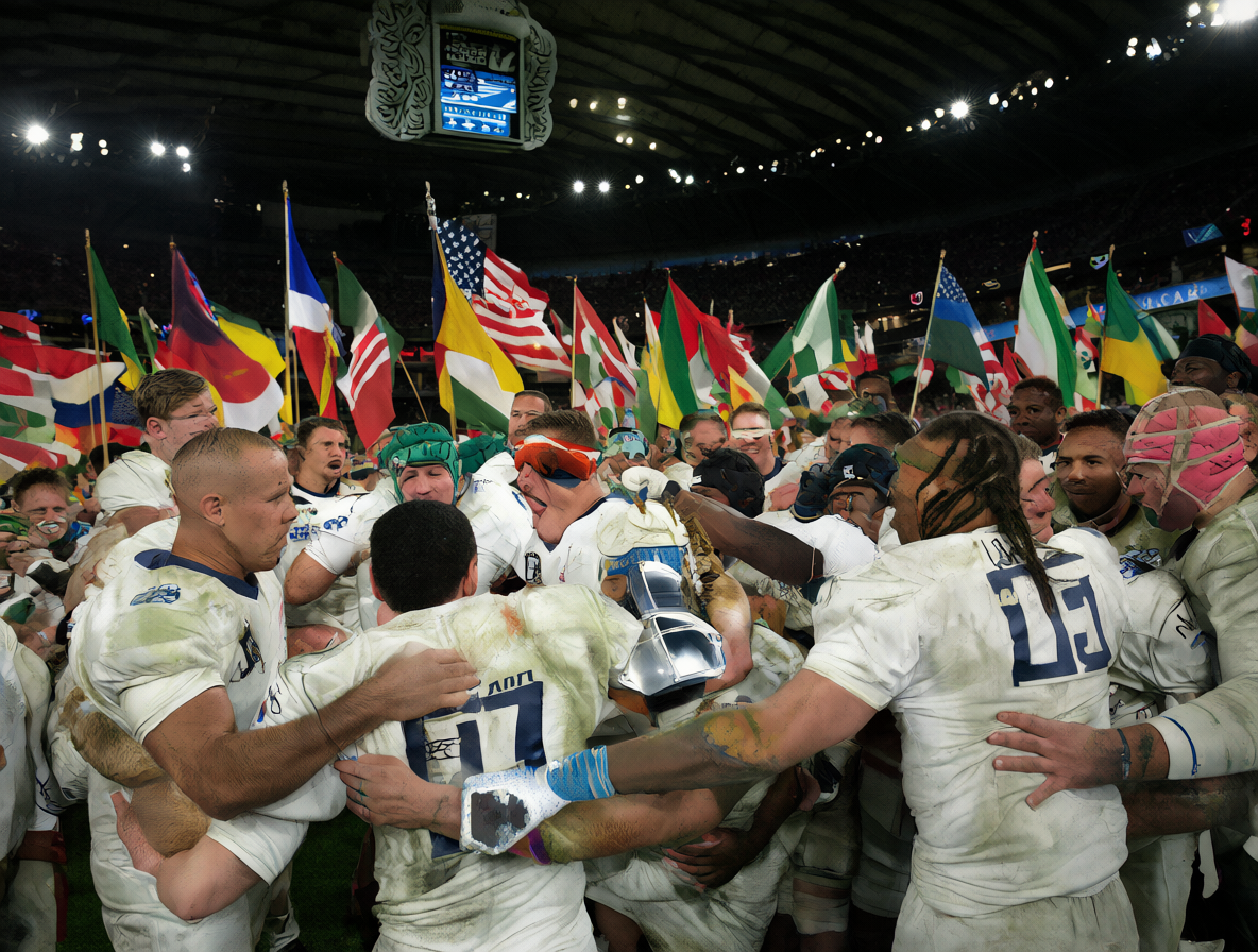 Selección de rugby de Estados Unidos celebrando en un estadio con banderas internacionales