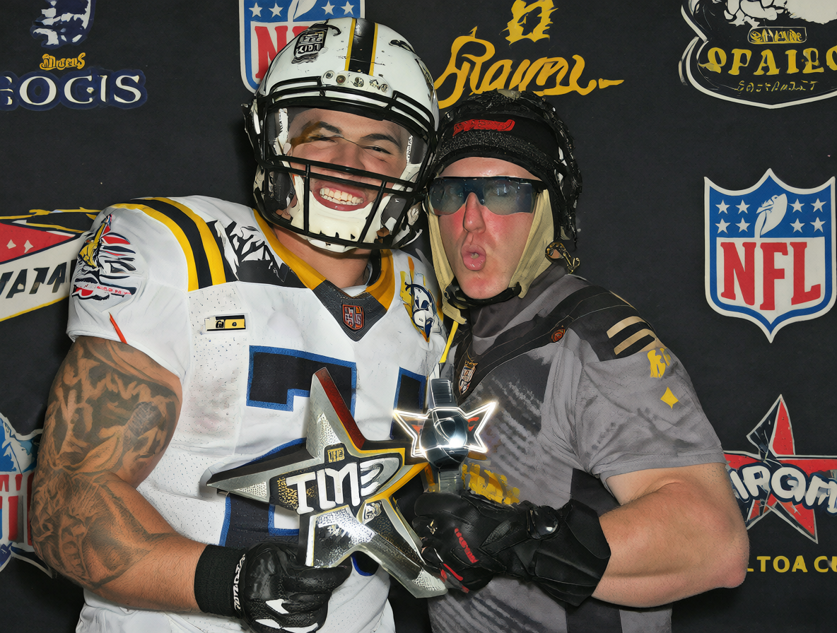 Fotografía del jugador Nate Ebner junto a insignias deportivas
