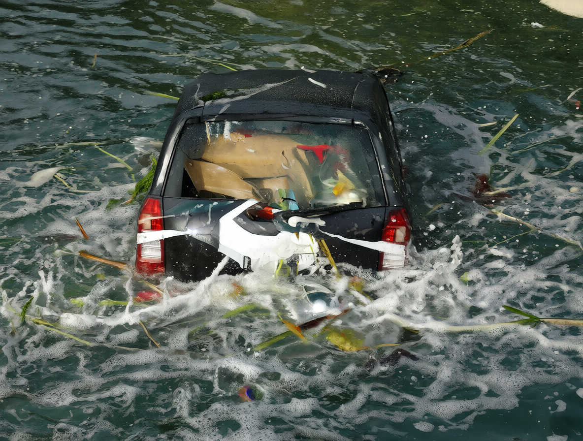 Vehículo sumergido en aguas turbulentas tras un accidente.