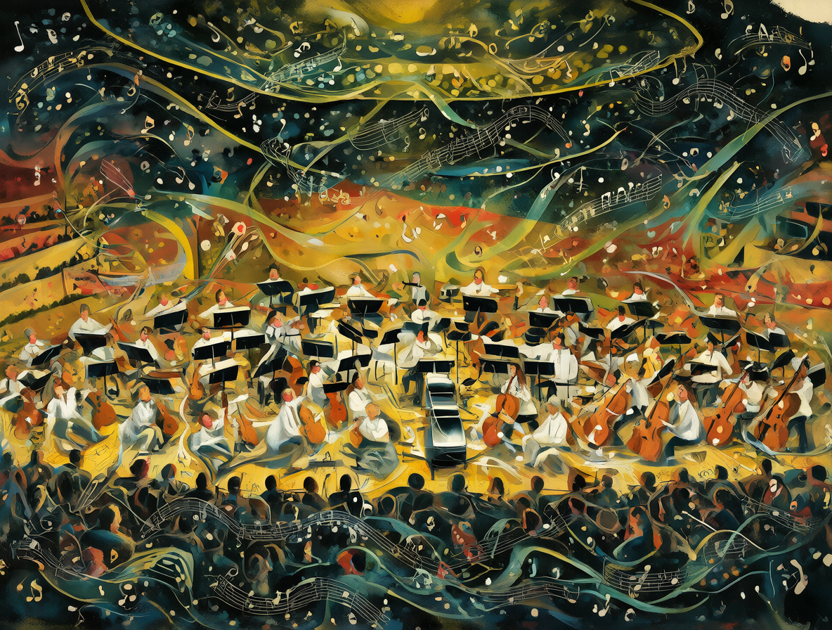 Gran salón de conciertos con orquesta y notas musicales flotantes representando variaciones