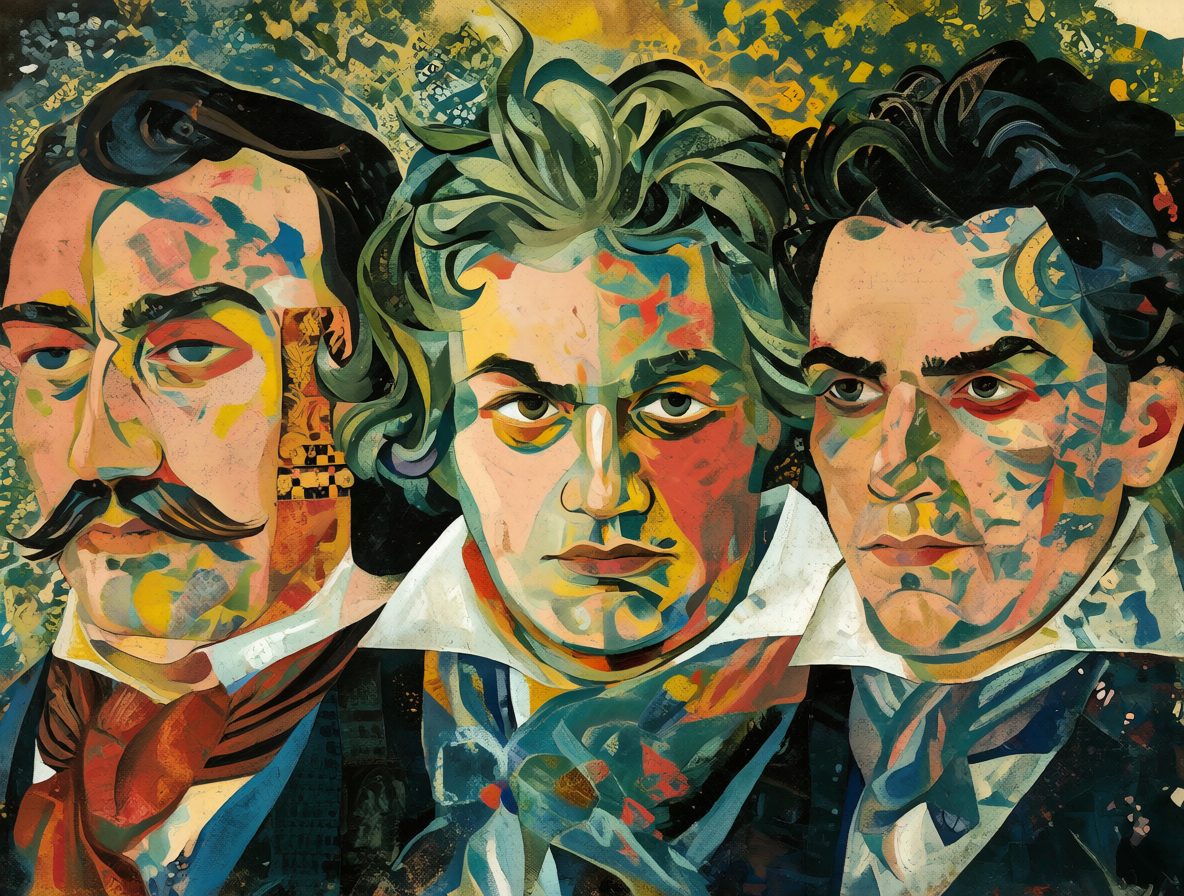 Retratos de Brahms, Beethoven y Liszt rodeados de elementos musicales