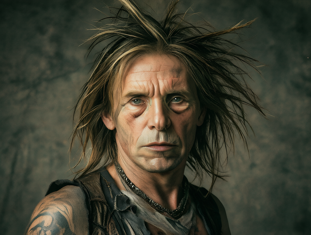 Retrato detallado del músico Iggy Pop con su cabello característico y mirada intensa.