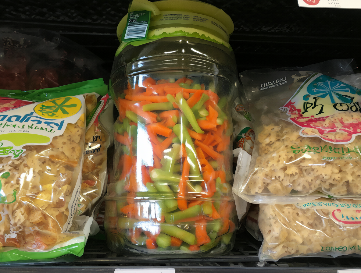 Estantería con snacks saludables como palomitas, verduras frescas y gelatina light.