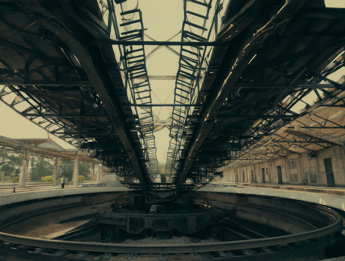 A wide view of a large railway turntable with one person nearby, highlighting its massive scale.