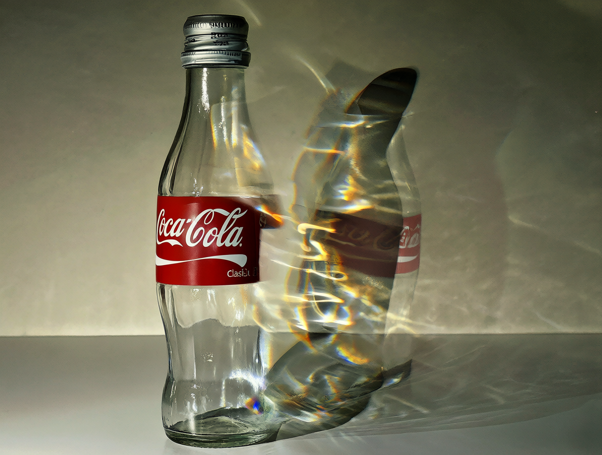 Botella de vidrio de Coca-Cola Classic sobre una superficie blanca