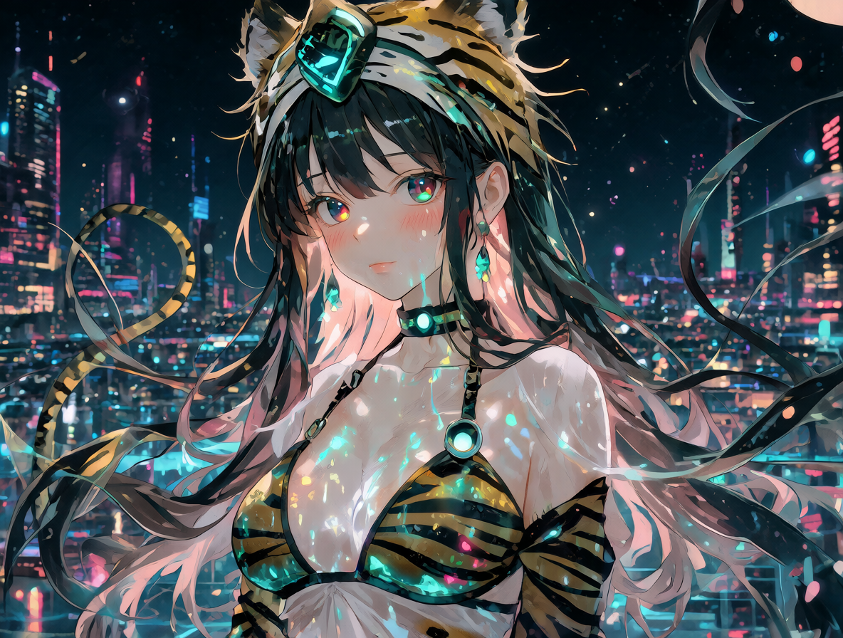 Retrato detallado de una chica anime con estampado de tigre y reflejos neón