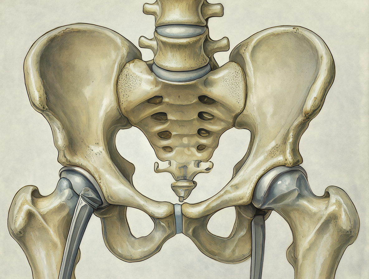 Ilustración detallada de una pelvis humana vista frontalmente, mostrando claramente una prótesis de cadera en el lado derecho junto a la cadera nativa izquierda.
