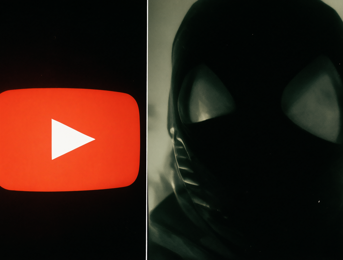 Imagen dividida mostrando el logotipo de YouTube brillando junto a una figura sombreada que representa a un YouTuber tóxico.