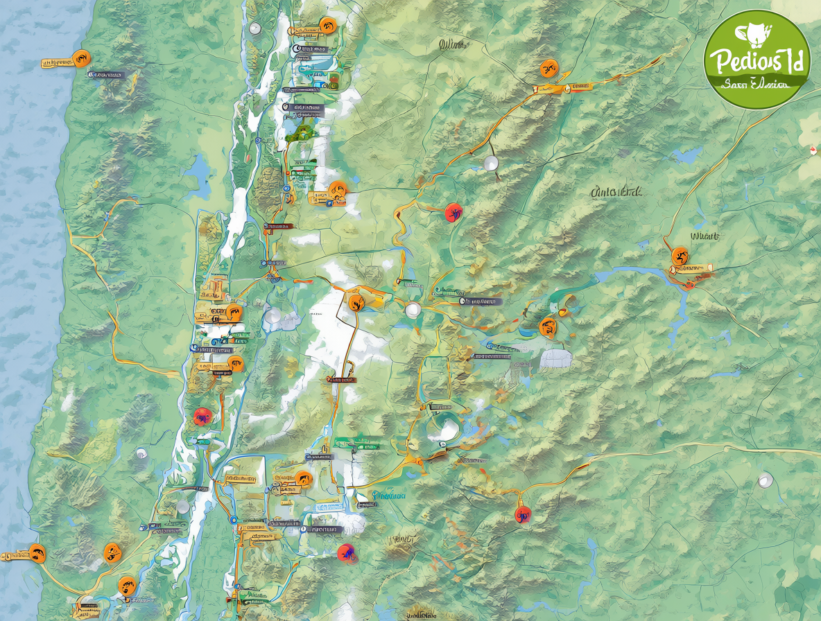 Un mapa detallado mostrando Concepción y ciudades de Chile con iconos de apps de delivery superpuestas