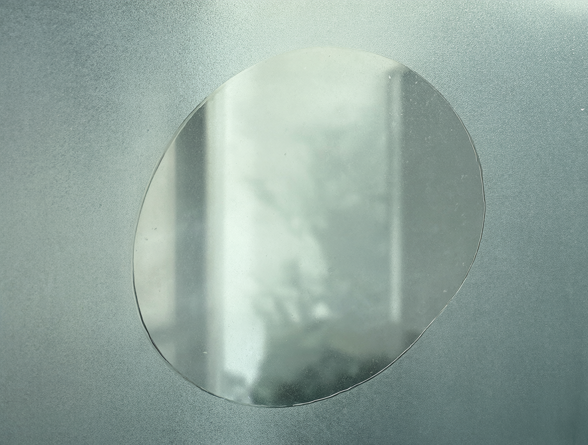 Vista macro de una ventana con film difuminador, donde un círculo central está cubierto por un sticker transparente que hace la superficie clara y visible a través.