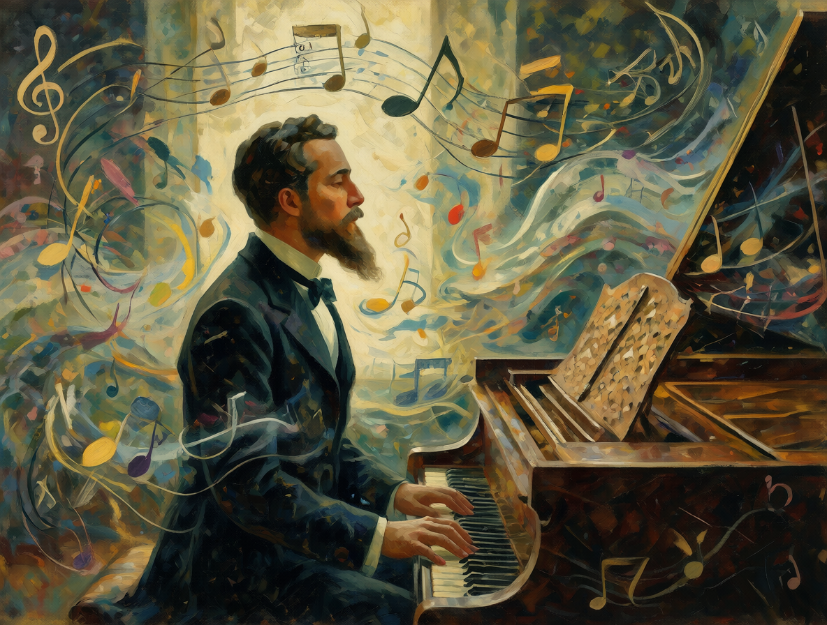 Retrato artístico de Claude Debussy con elementos musicales flotantes