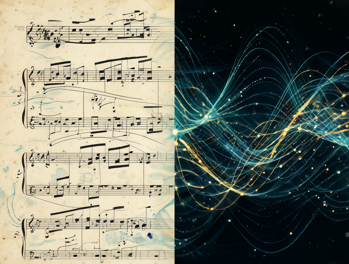 Composición dividida mostrando notas clásicas fusionándose con ondas digitales