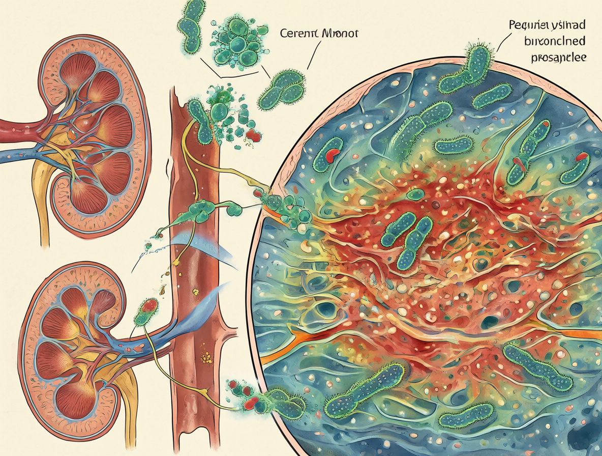 Ilustración médica detallada de un riñón humano con una vista microscópica que muestra la inflamación y el desarrollo de bacterias Klebsiella pneumoniae en el tejido renal.