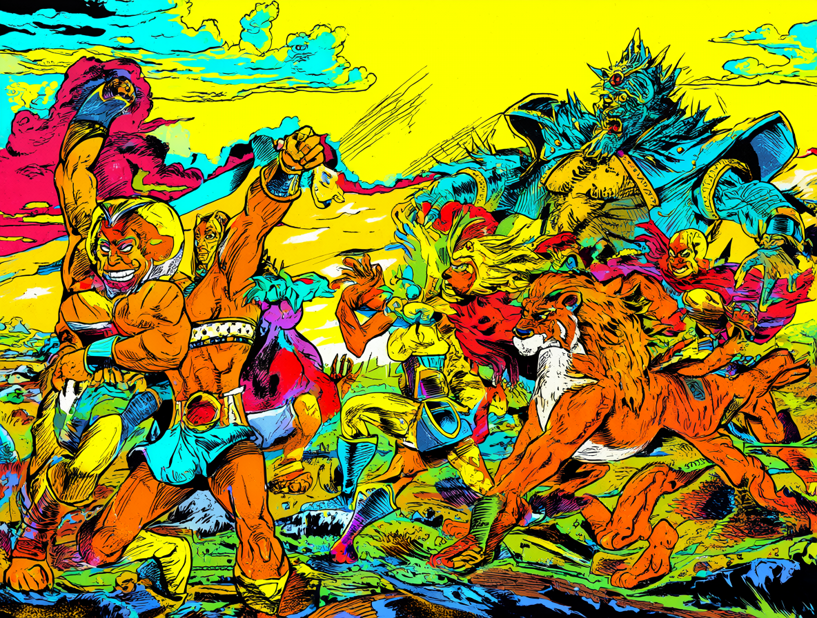 He-Man y los Thundercats luchando contra Mumm-Ra en un entorno cómic colorido.