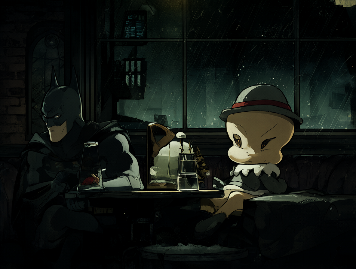 Batman conversando con Elmer Fudd en la barra de un bar nocturno.