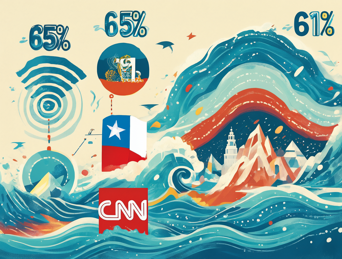 Infografía con logotipos de BioBío y CNN Chile mostrando sus porcentajes de confianza destacados, junto a una representación de ondas de radio.