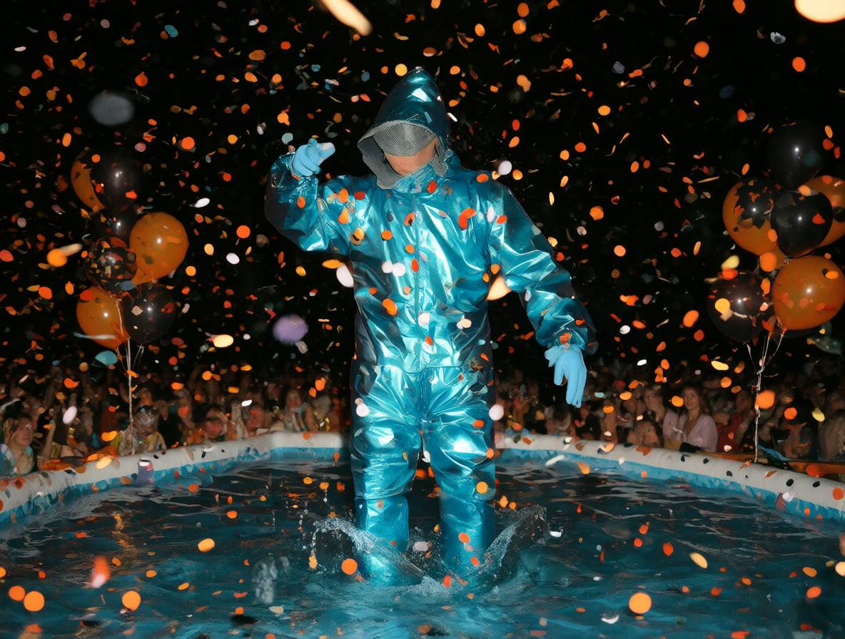 Persona con traje impermeable azul brillante en una fiesta nocturna