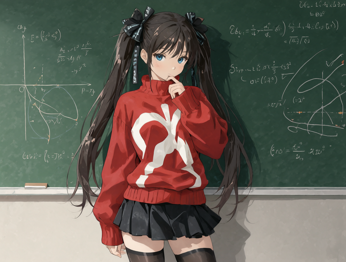 Ilustración anime de una estudiante con coletas oscuras, ojos azules y un suéter rojo con cruz blanca frente a un pizarrón académico.