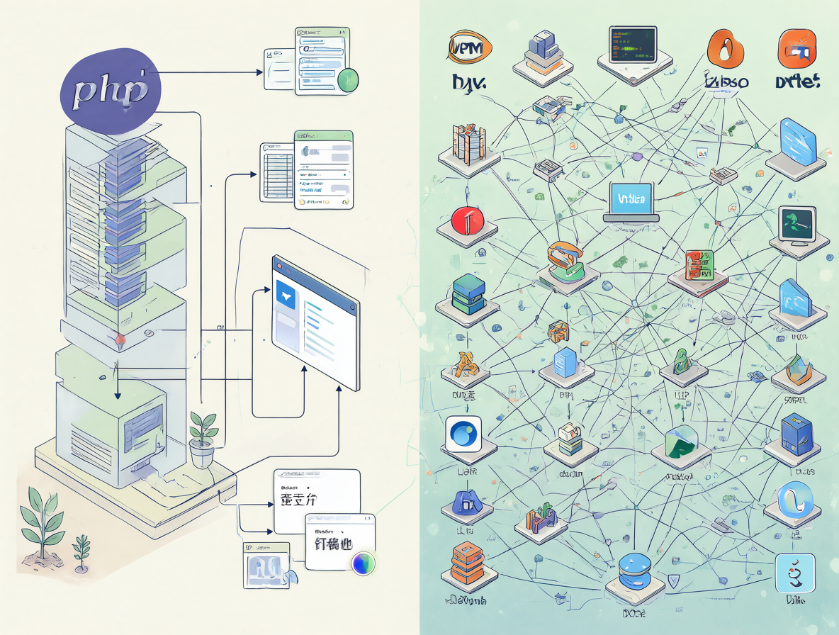 Ilustración dividida mostrando la diferencia entre el desarrollo tradicional con PHP y los stacks modernos complejos.