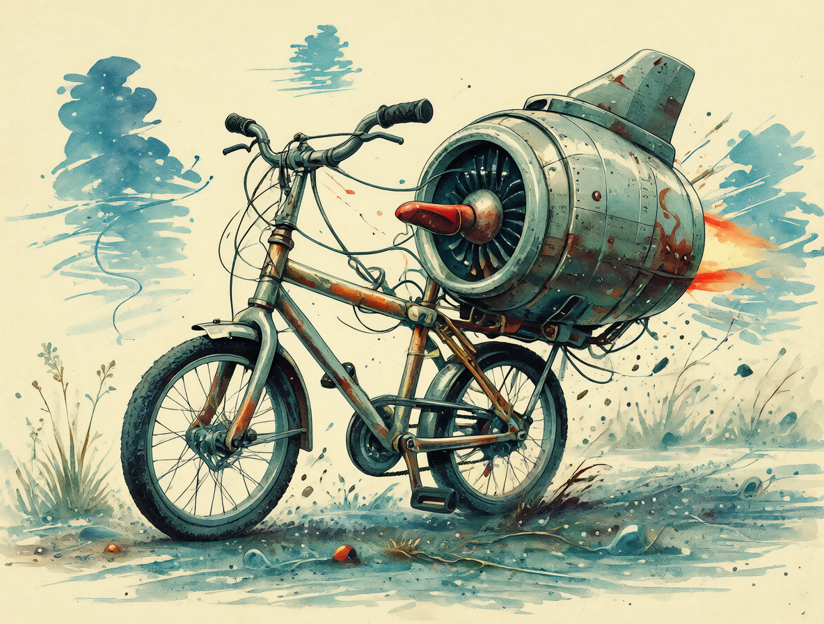 Bicicleta pequeña con un motor de avión gigante representando el exceso de complejidad técnica.