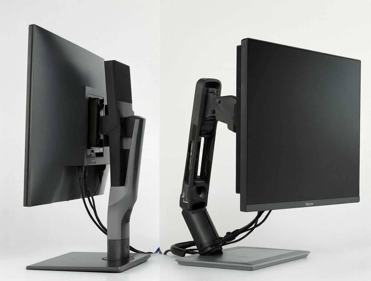 Imagen técnica mostrando dos setups de escritorio: uno con soporte pivotable integrado en el monitor y otro con brazo VESA externo.