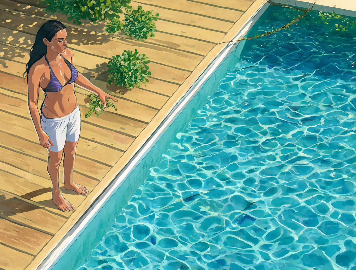 Persona en la cubierta exterior junto a una piscina