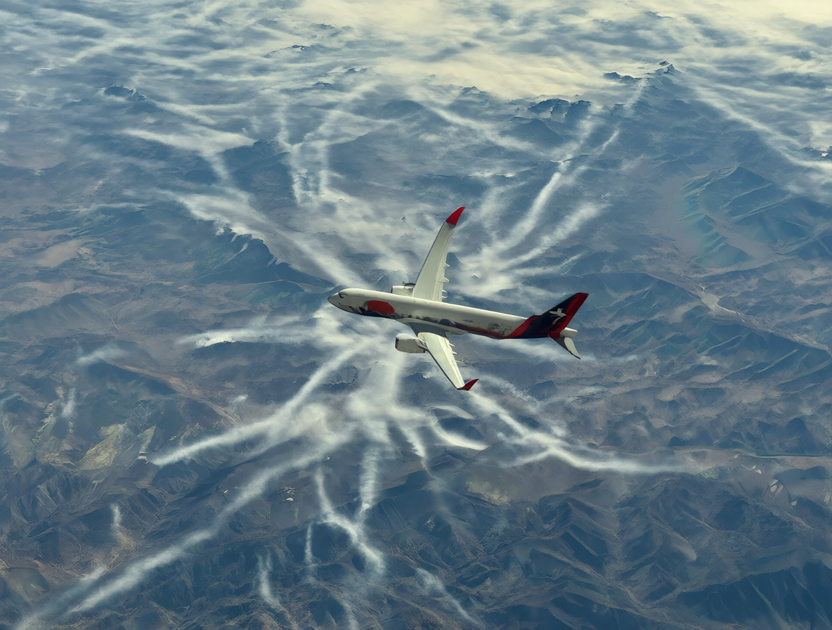 Avión volando sobre montañas con turbulencias visibles en el cielo