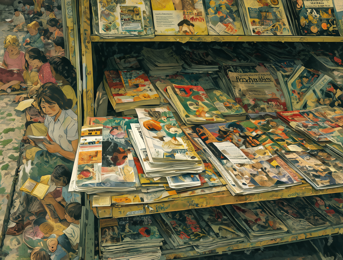 Un quiosco antiguo lleno de revistas con varios fascículos de enciclopedia expuestos en primer plano.