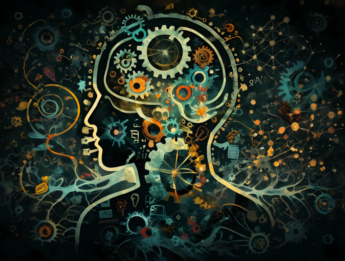 Ilustración abstracta de una mente en análisis con engranajes y redes neuronales flotantes.