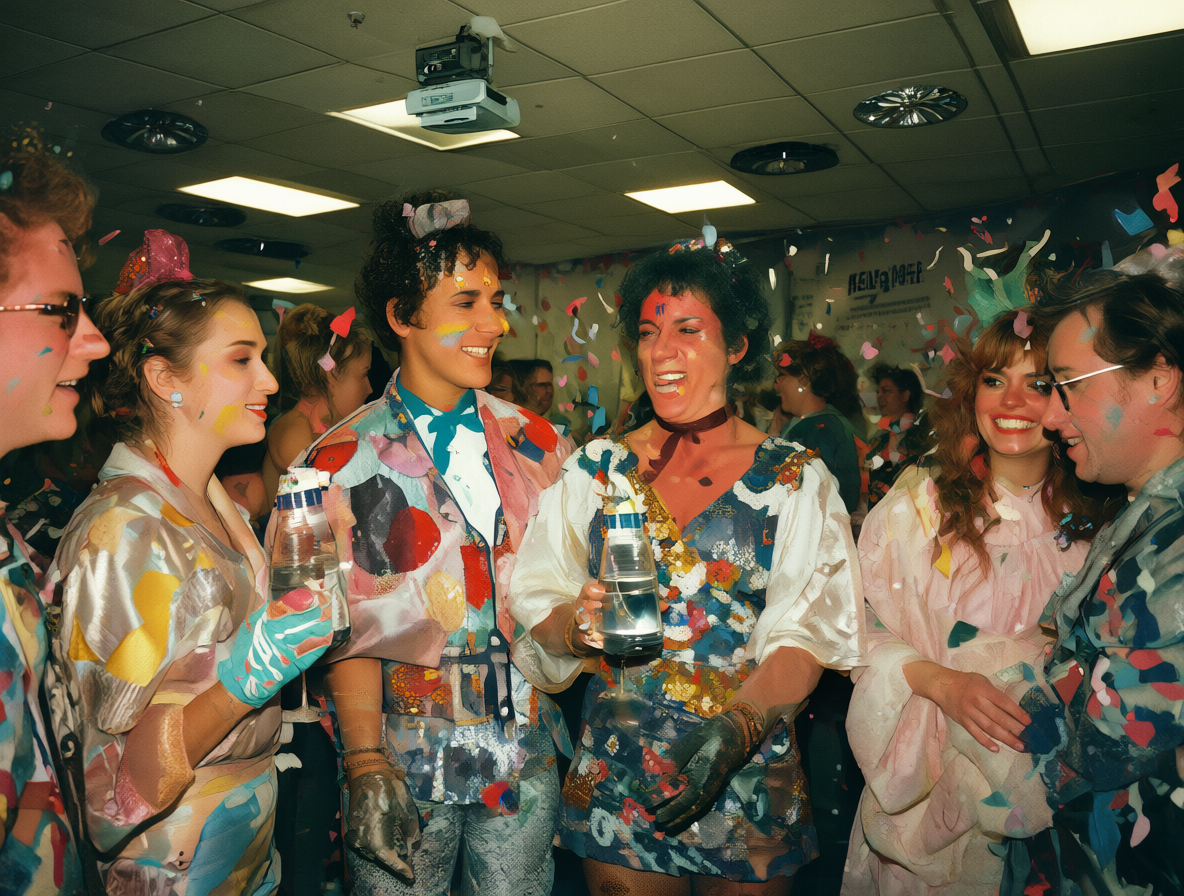 Grupos de personas disfrutando una fiesta de Halloween en la oficina.