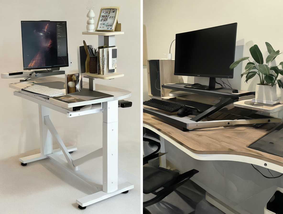 Fotografía mostrando dos configuraciones de oficina en casa: a la izquierda un escritorio ajustable eléctrico y a la derecha una plataforma convertidora sobre un escritorio existente.