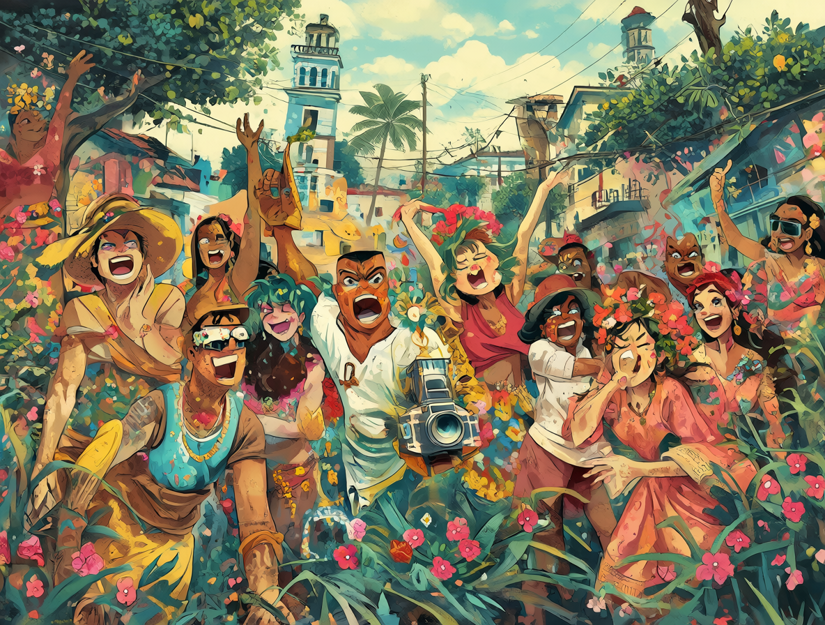 Ilustración vibrante de personajes de anime celebrando en una ciudad latinoamericana