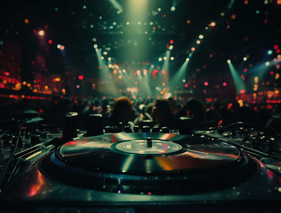 Una ilustración vibrante de un club nocturno con luces de neón en los años 80 y un reproductor de vinilo brillante.