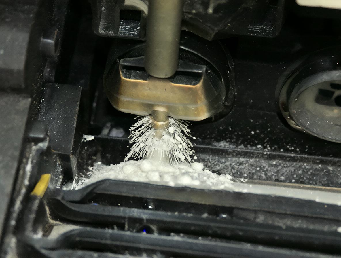Close-up view of an open toner cartridge inside a printer, showing the white silica powder being distributed by a roller brush.