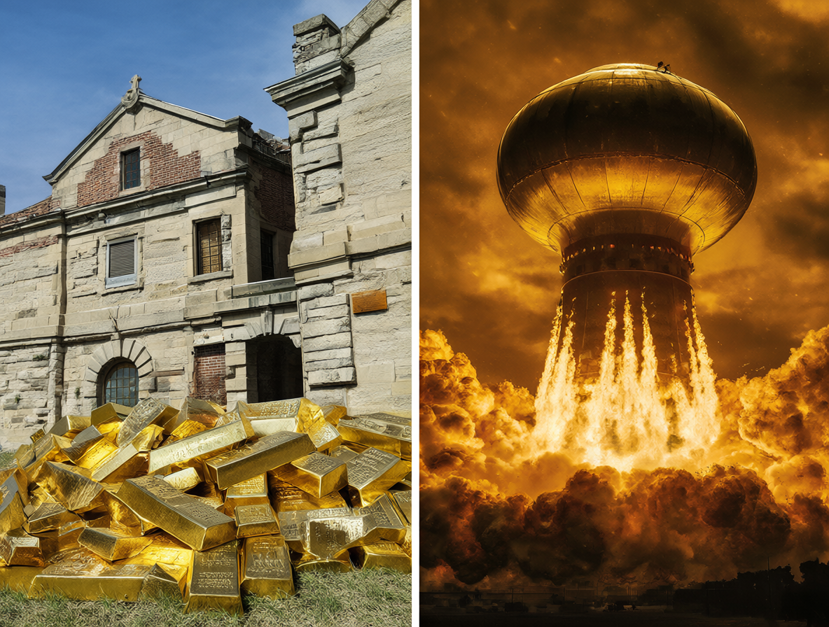 Ilustración dividida entre las reservas de oro y una bomba nuclear