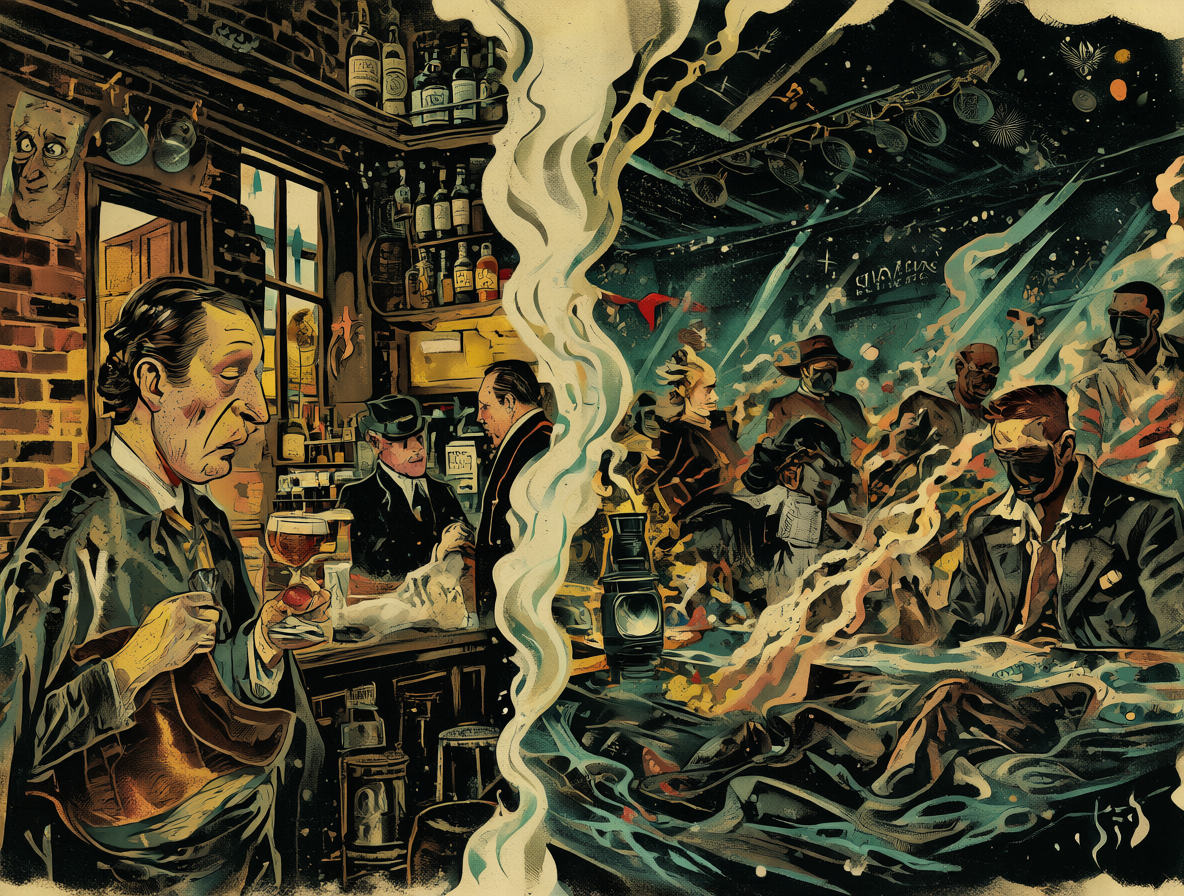 Ilustración dividida comparando visualmente la Prohibición del alcohol de los años 20 con el narcotráfico moderno y su impacto en la sociedad.